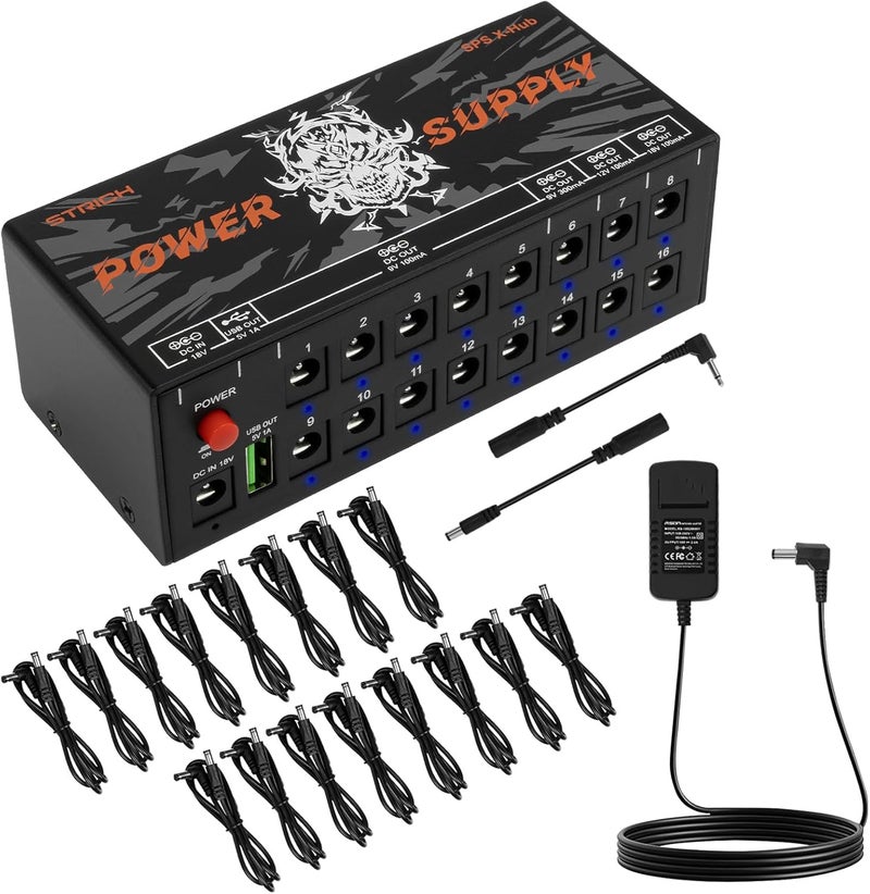 STRICH SPS X-Hub Guitar Pedal Power Supply for 9V/12V/18V, 100mA - 300mA Effects Pedals, 16 Independent Outputs, Short-circuit protection and noiseless, 5V 1A USB Port Supports Mobile Devices, Tablets - Image 1